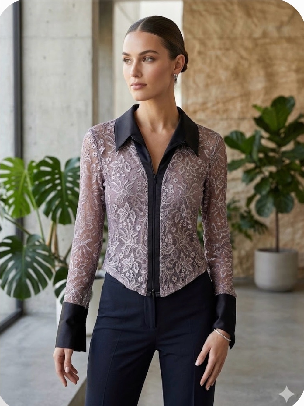 Samuel Dong Sheer Lace Two-Way Zip Blouse with Dramatic French Cuffs